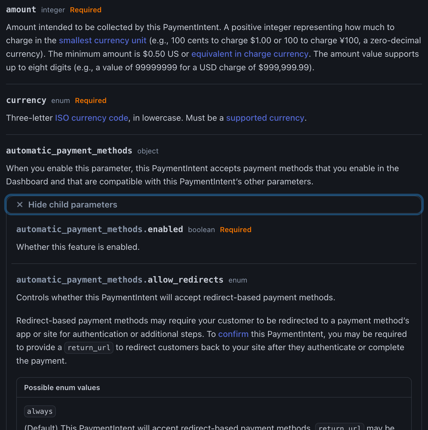 Stripe docs partially expanded